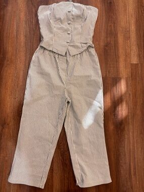 Fashion Nova Strapless Pinstripe Jumpsuit in Cream and Black